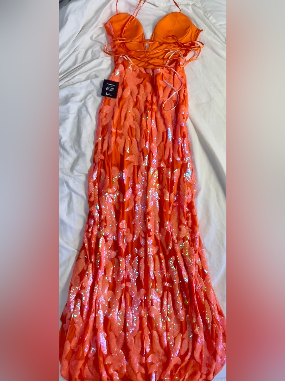 Lulu's Orange Iridescent Sequin Lace Up Maxi Dress Formal Prom Wedding Gown - Picture 8 of 8